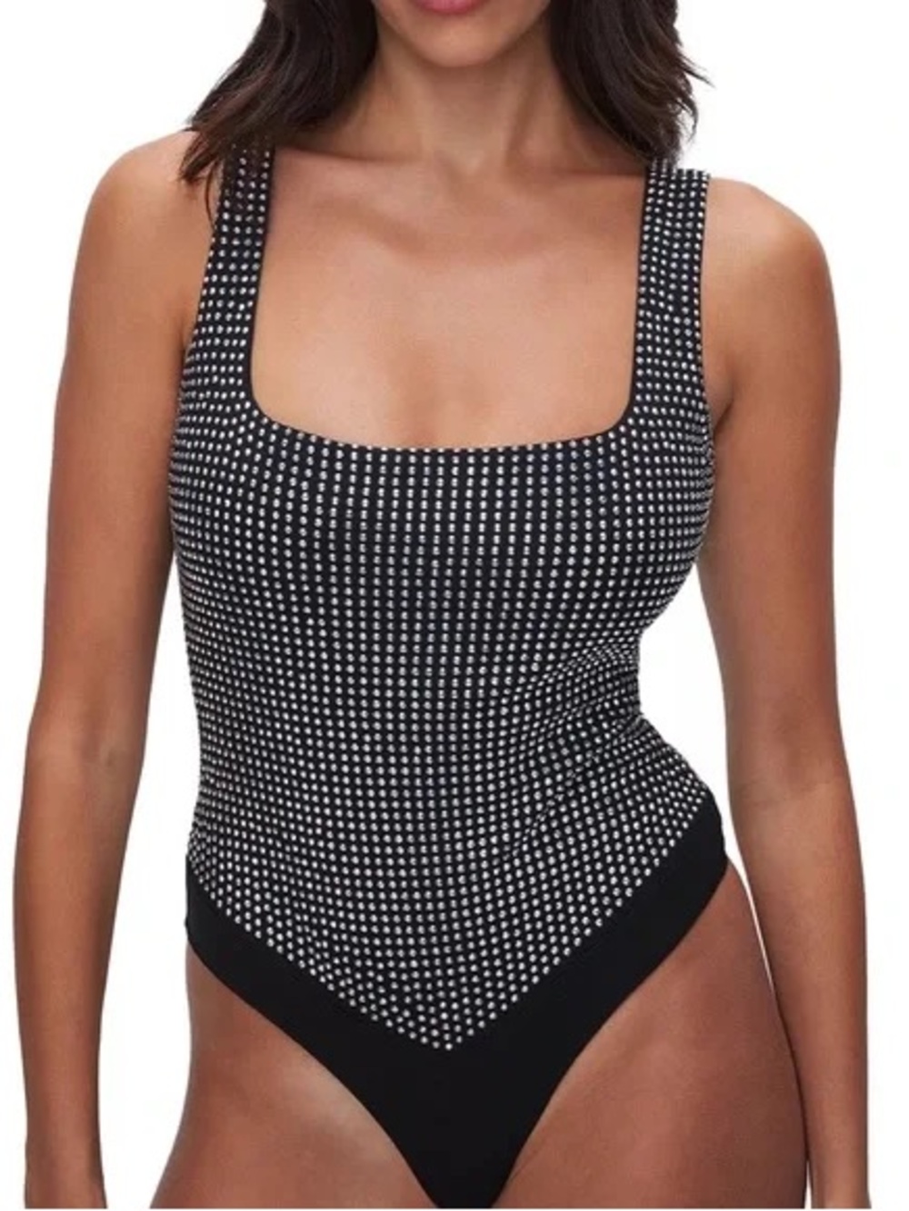 $159 Good American Black Rhinestone-Studded One-Piece Bodysuit